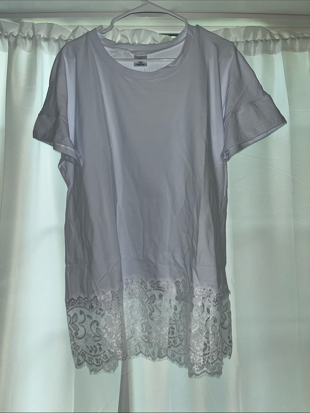 White Short Sleeve Tee with Lace Hem